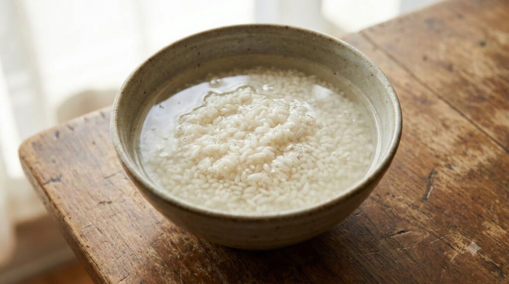 A close-up of a bowl of white rice soaking in water with a few rice grains clearly visible
