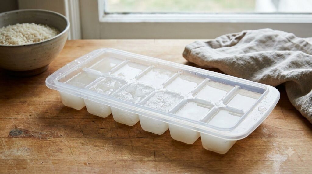 An ice cube tray filled with milky white rice water partially frozen on a kitchen counter