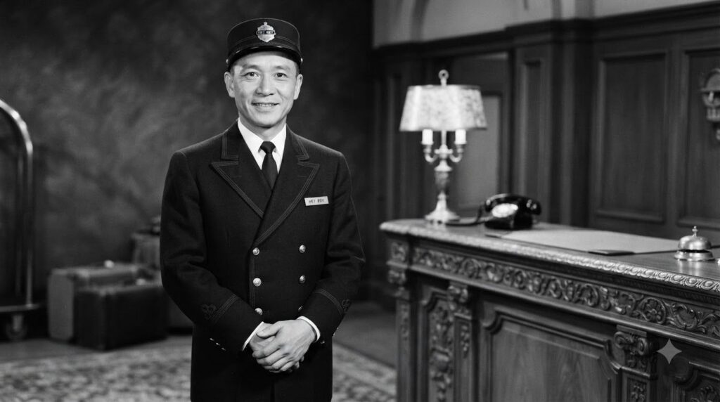 A vintage black and white portrait of actor Kam Tong in character as Hey Boy from Have Gun Will Travel wearing a bellhop