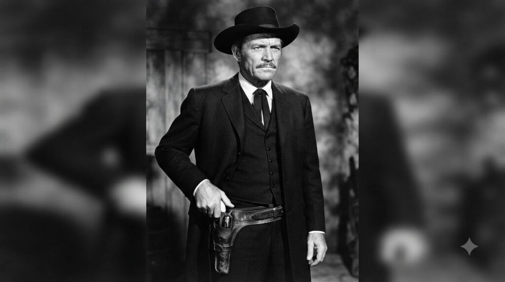 A black and white publicity photo of Richard Boone in character as Paladin from Have Gun Will Travel wearing his distinc