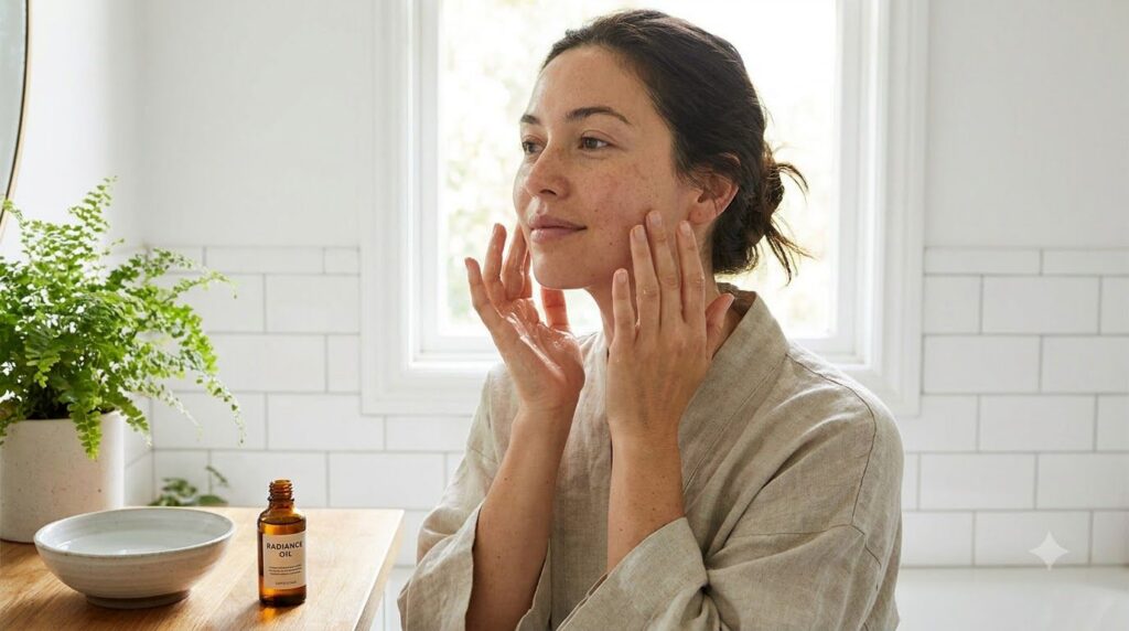 A woman gently massaging a few drops of facial oil onto her face and neck focusing on upward strokes