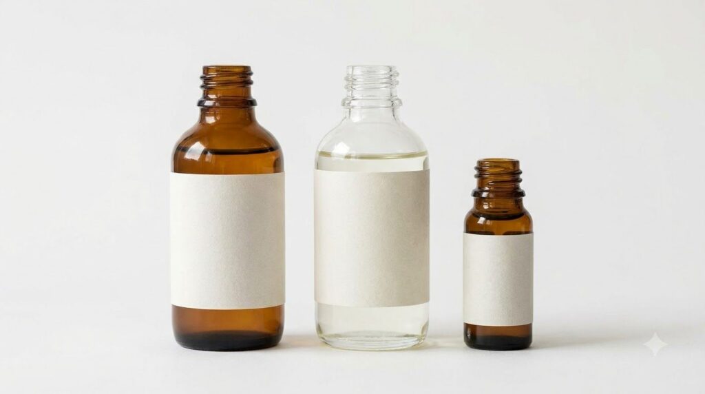 Individual bottles of rosehip oil jojoba oil and a small bottle of vitamin E oil arranged neatly on a white background r