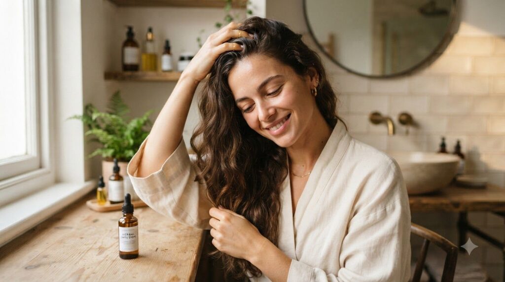 A woman gently massaging her scalp with the DIY hair oil smiling and looking relaxed