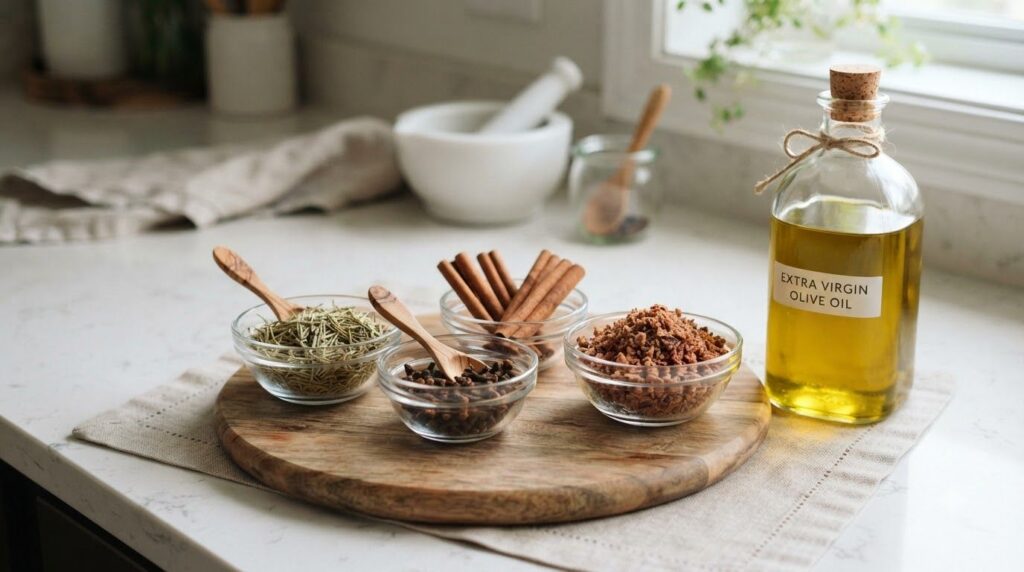 All ingredients laid out on a kitchen counter ready for preparation rosemary cloves cinnamon sticks grated avocado seed 
