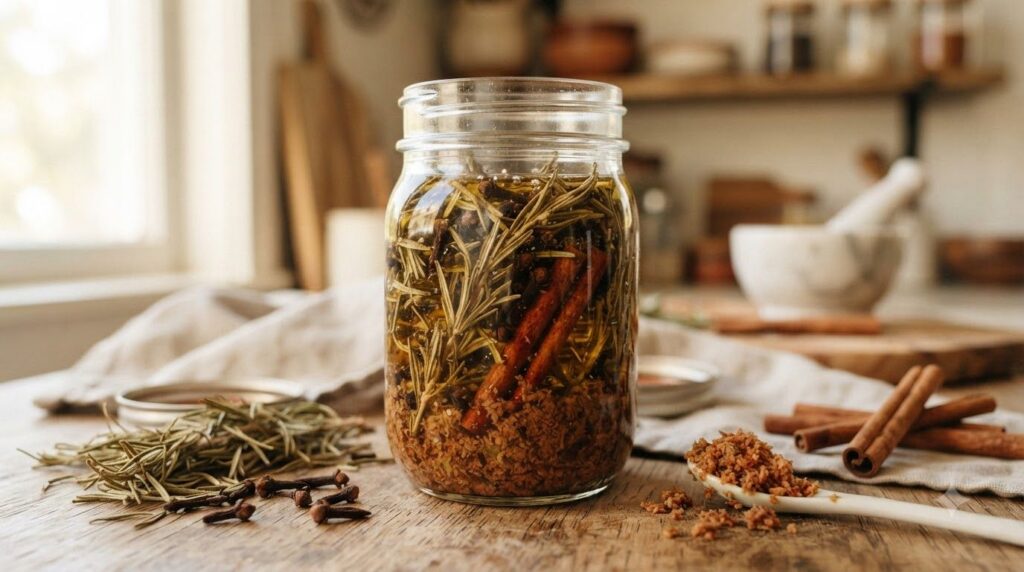 A close-up of a glass jar containing the rosemary cloves cinnamon and grated avocado seed submerged in carrier oil infus