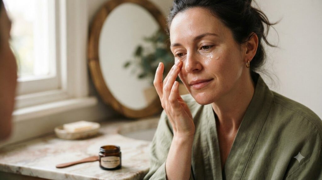 A woman gently applying a small amount of the Vaseline and clove balm to her face focusing on areas around her eyes show