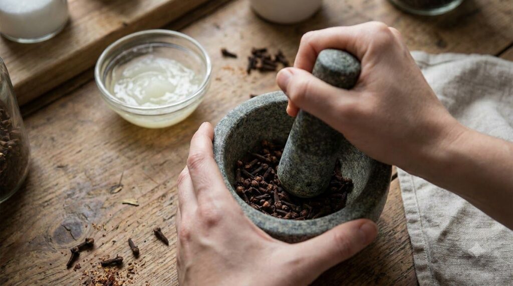 Hands gently grinding dried cloves in a mortar and pestle with a small bowl of melted Vaseline in the background on a ki