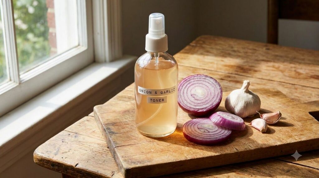 A clear spray bottle filled with a light amber liquid with a few slices of red onion and garlic cloves next to it on a w