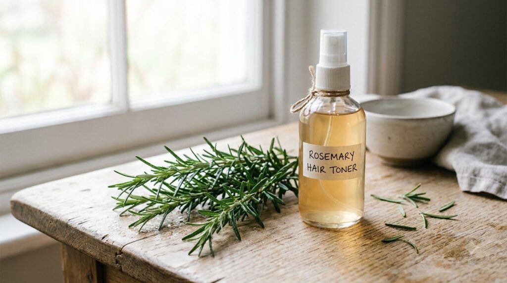 Fresh rosemary sprigs and a bottle of rosemary hair toner on a light wooden surface highlighting the natural ingredient