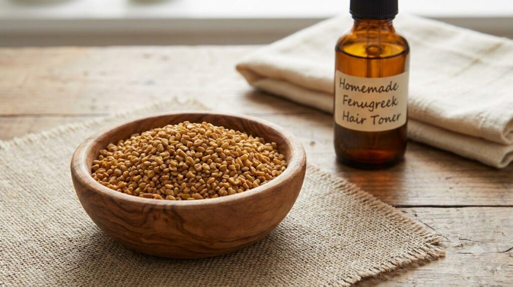 A close-up of fresh fenugreek seeds in a small wooden bowl with a bottle of fenugreek hair toner in the background out o
