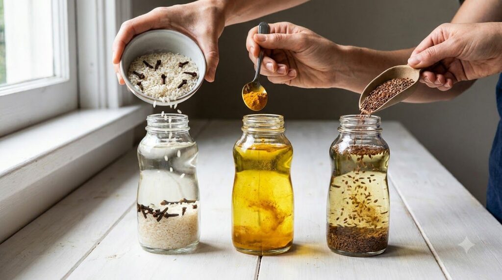Three clear bottles of Johnson s baby oil into which different natural ingredients are being poured from above by visibl