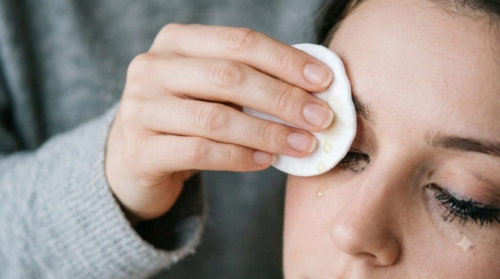 A close-up of a hand holding a cotton pad with baby oil gently wiping away eye makeup from a person s eye