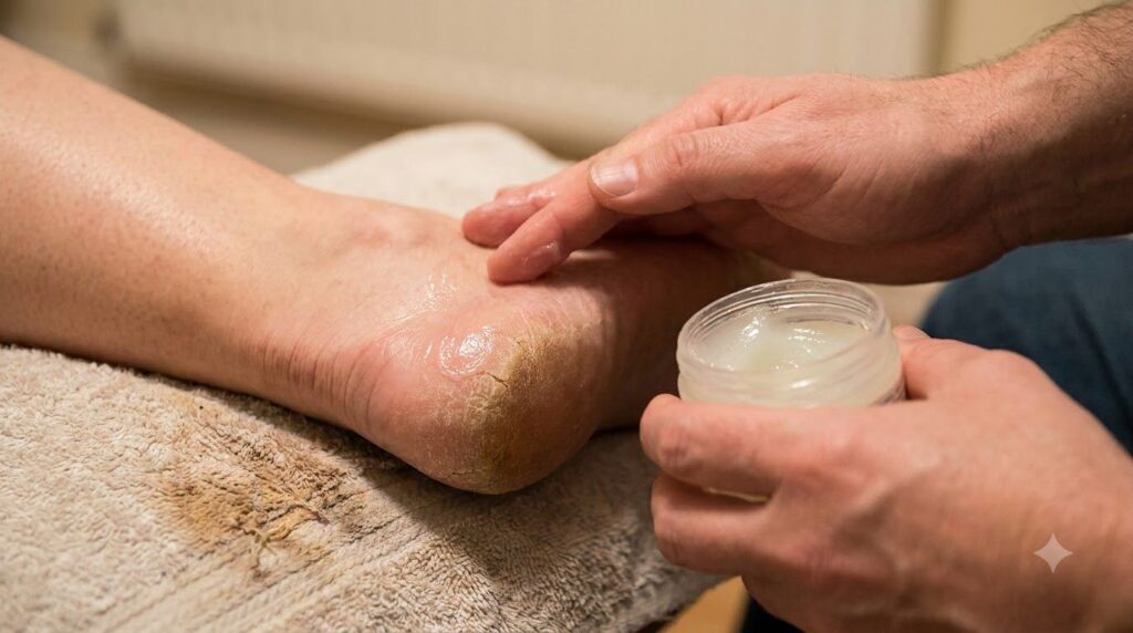 A person applying Vaseline to their cracked heel with a focus on the foot and product