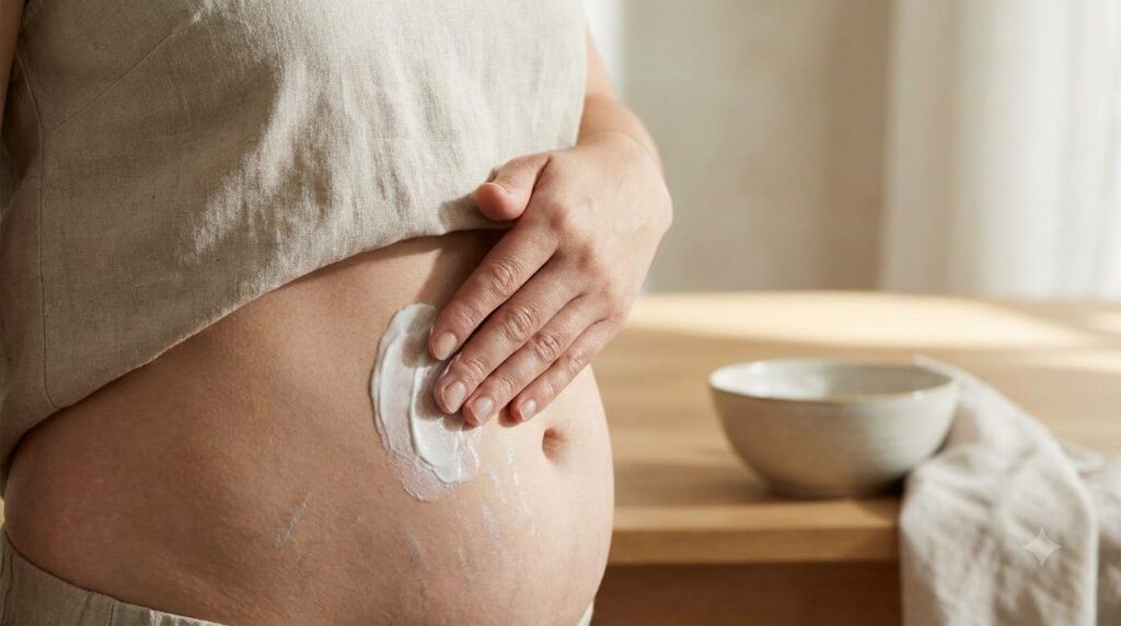 A close-up of a person s skin with subtle stretch marks gently applying a white cream