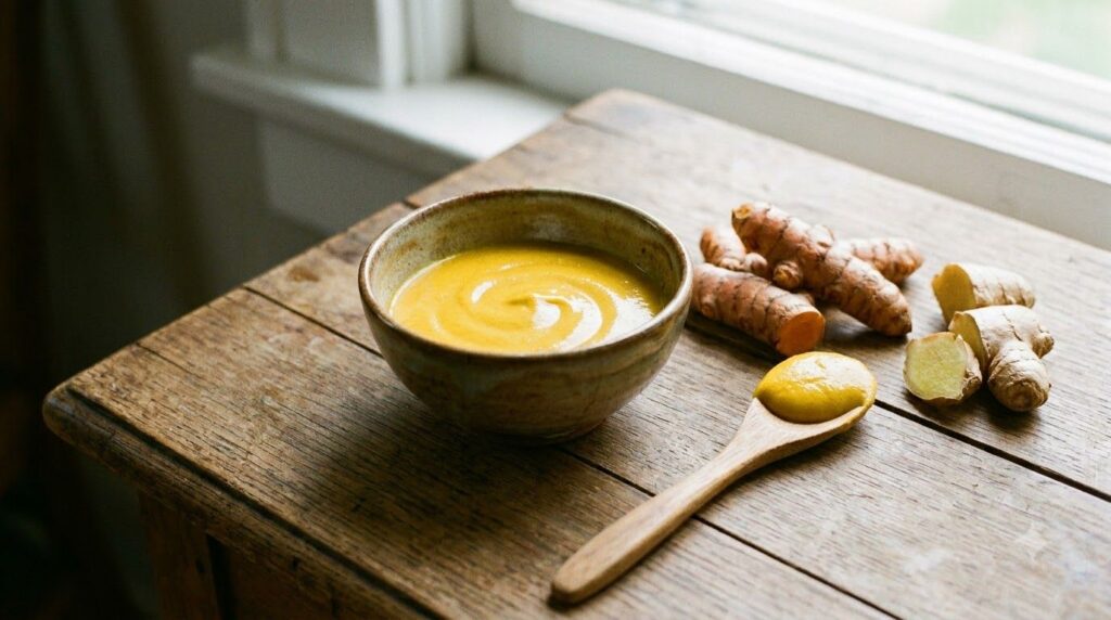 A small ceramic bowl with a yellow turmeric yogurt and honey paste surrounded by fresh turmeric root a spoon and a jar o