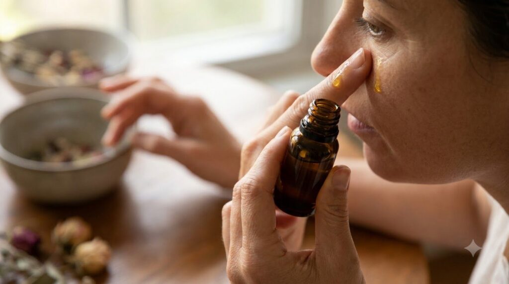A small dark glass dropper bottle containing turmeric-infused almond oil with a few drops on a fingertip being gently ap