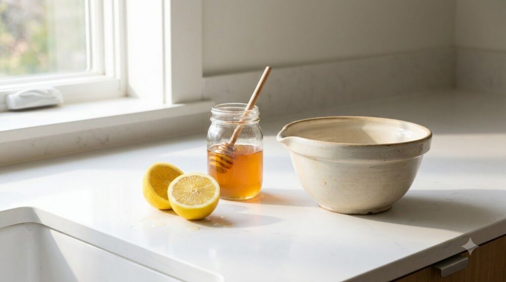 Ingredients for lemon and honey mask a fresh lemon cut in half a spoonful of golden honey and a small mixing bowl all ag