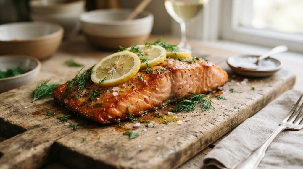 Close-up of a vibrant cooked salmon fillet with lemon and herbs showcasing its rich pink color