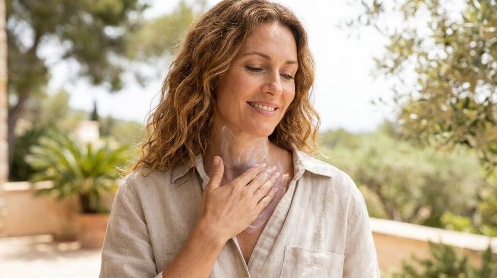 A woman applying sunscreen to her neck and arms outdoors highlighting sun protection as a key skincare habit