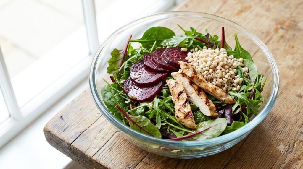 A vibrant healthy salad featuring leafy greens sliced beetroot grilled chicken and a sprinkle of pearl barley with a lig