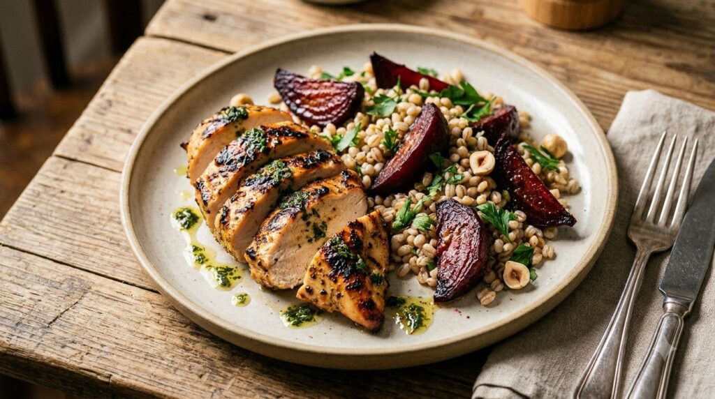 A close-up shot of grilled chicken breast slices served with roasted beetroot and a side of pearl barley showcasing a ba