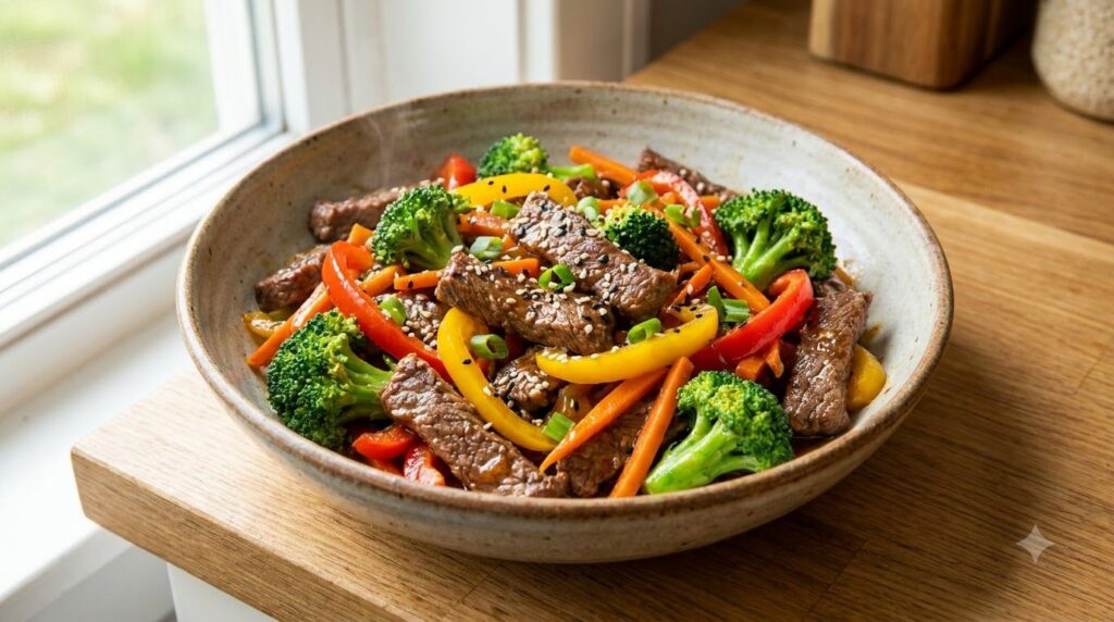 A delicious stir-fry with lean beef colorful vegetables and a sprinkle of sesame seeds served in a bowl