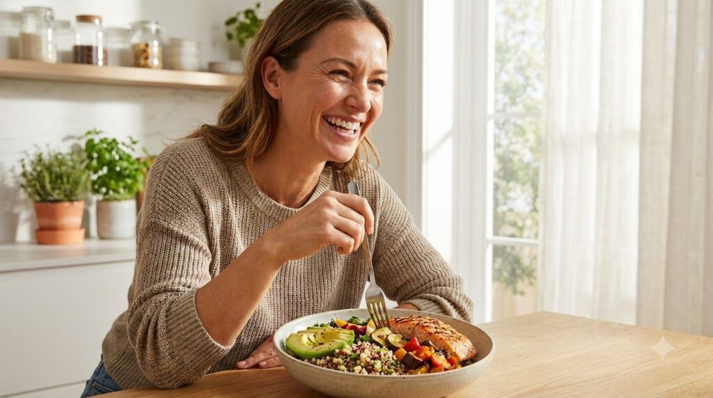 A healthy individual enjoying a vibrant meal exuding energy and vitality in a well-lit clean setting