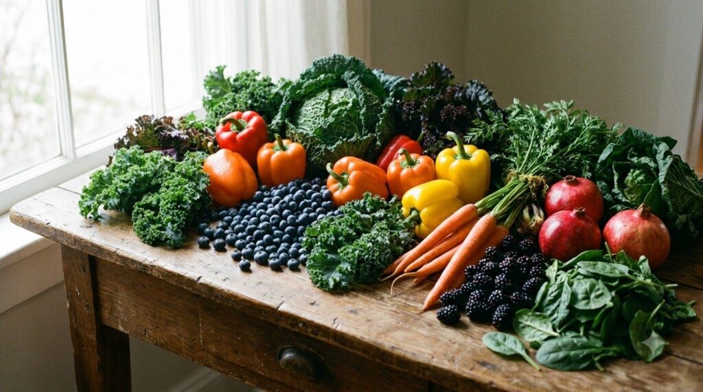 A vibrant assortment of antioxidant-rich fruits and vegetables including berries leafy greens bell peppers and carrots a