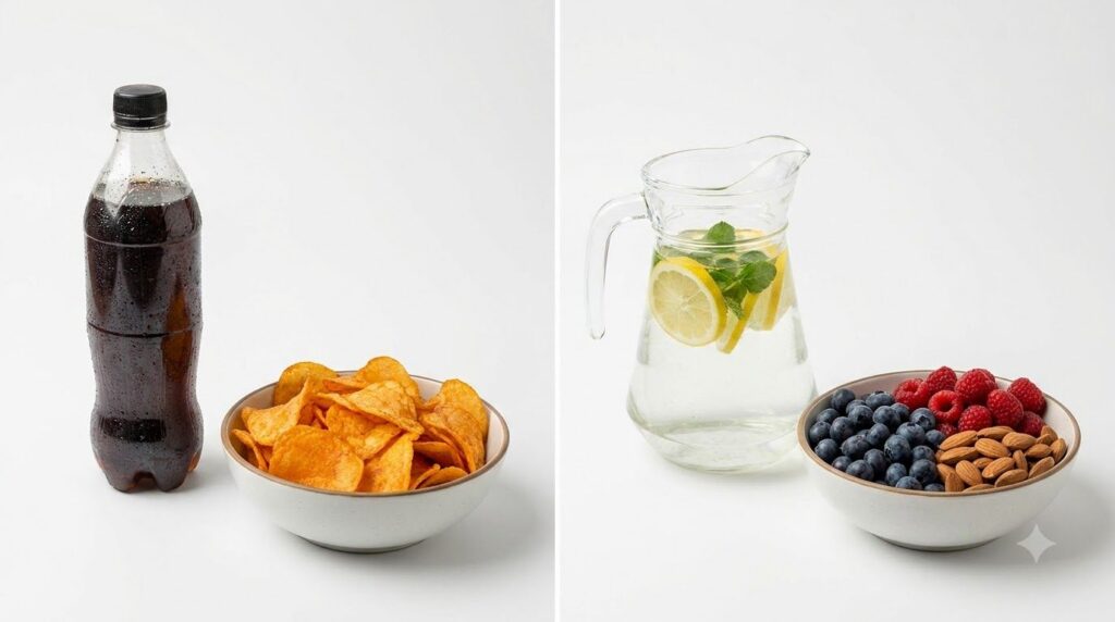 A visual showing a before and after or swap comparison such as a sugary soda next to a glass of water with lemon or a pl