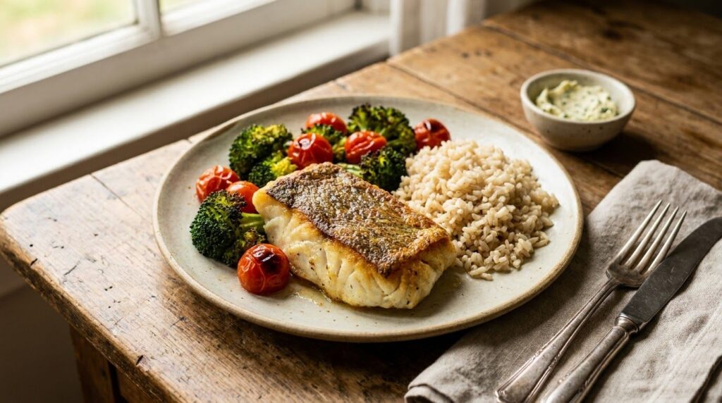A delicious and healthy meal featuring baked cod roasted vegetables and a side of brown rice illustrating a practical wa