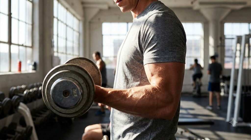 A person lifting weights showing muscular definition symbolizing muscle growth and repair