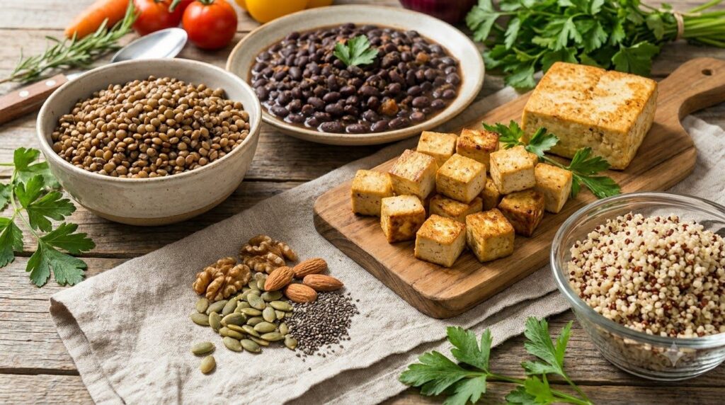 A vibrant and diverse selection of plant-based protein sources including a bowl of lentils black beans tofu cubes quinoa
