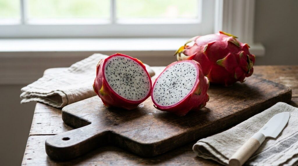 A sliced dragonfruit showing its white flesh with tiny black seeds next to whole dragonfruits on a cutting board