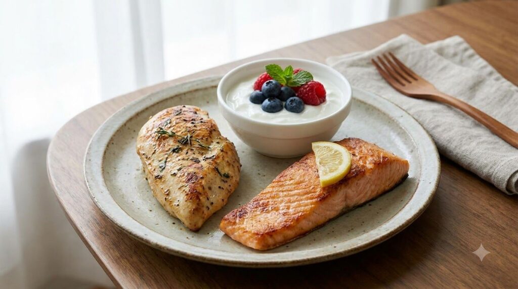 A delicious and healthy meal featuring grilled chicken breast a side of salmon and a bowl of Greek yogurt