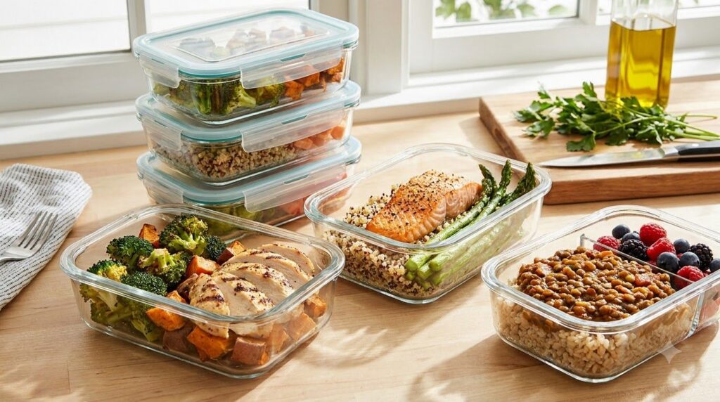 A beautifully arranged meal prep containers filled with balanced meals including protein sources like chicken salmon and