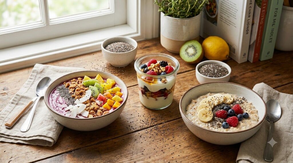 Various bowls of food incorporating chia seeds such as a smoothie bowl a yogurt bowl and oatmeal all topped with chia se