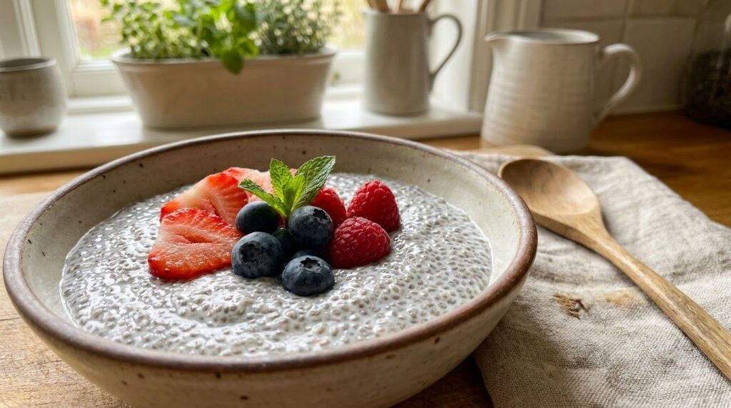 A close-up shot of a bowl of chia pudding with berries highlighting the gel-like texture of the chia seeds and fresh fru
