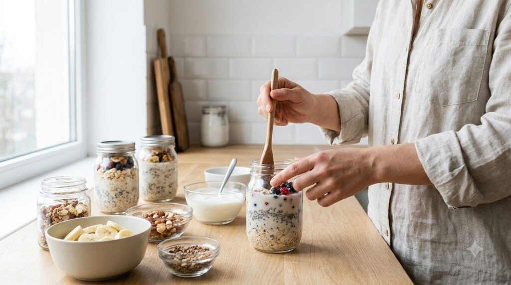A person preparing overnight oats in jars showing a healthy meal prep routine
