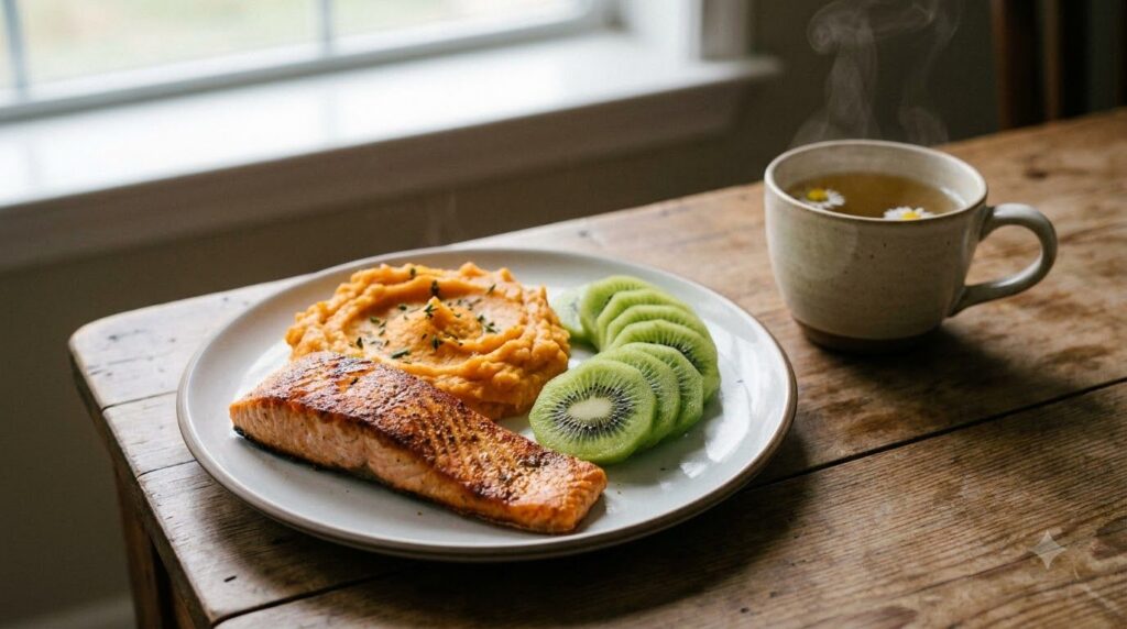 A plate with a cooked salmon fillet a side of mashed sweet potato and sliced kiwi alongside a cup of steaming chamomile 