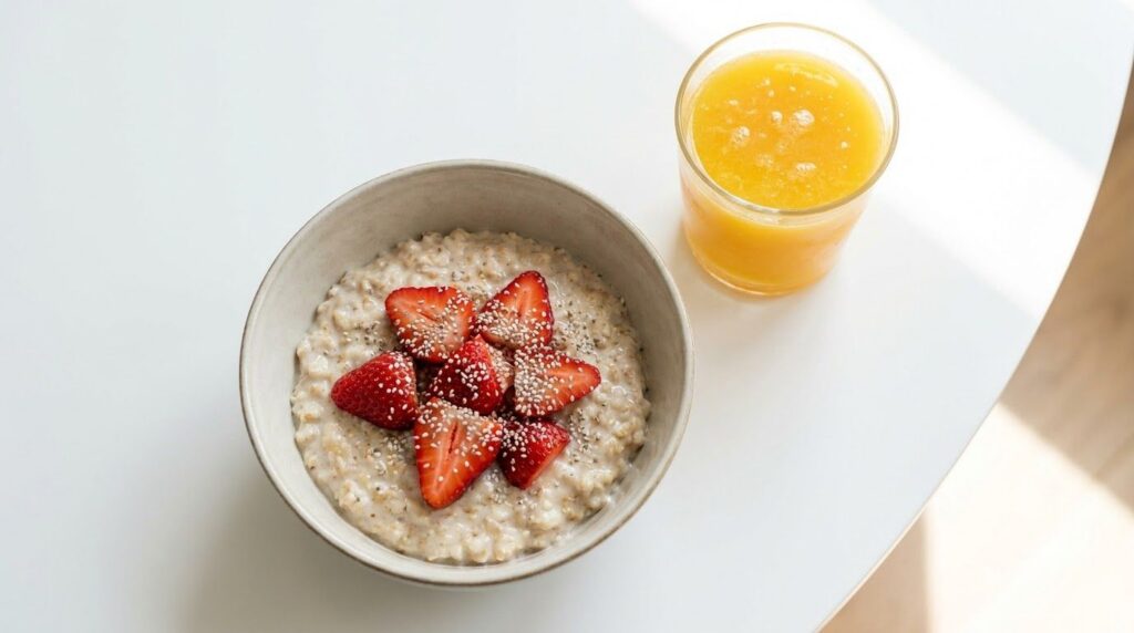 A vibrant bowl of oatmeal topped with fresh strawberries and a sprinkle of chia seeds next to a glass of fresh orange ju