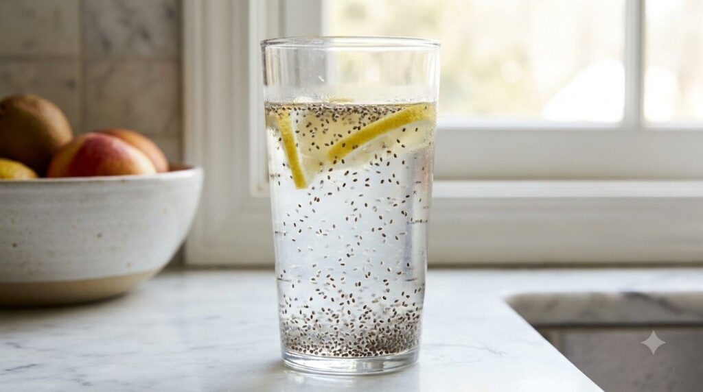 A glass of refreshing chia water with lemon slices illustrating watery chia preparation on a light background