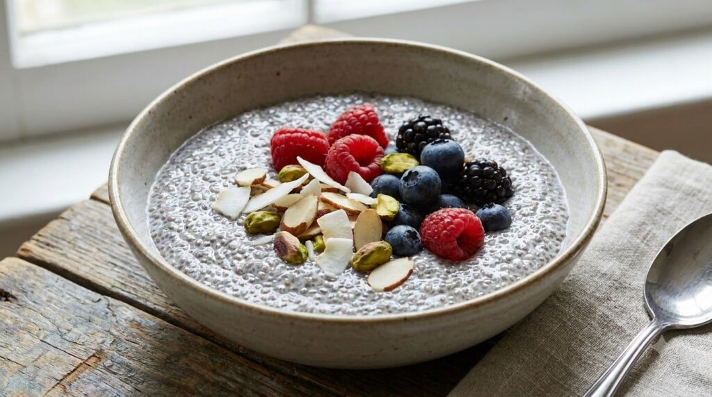 A vibrant bowl of chia seed pudding with fresh berries and nuts showcasing a thick chia gel preparation
