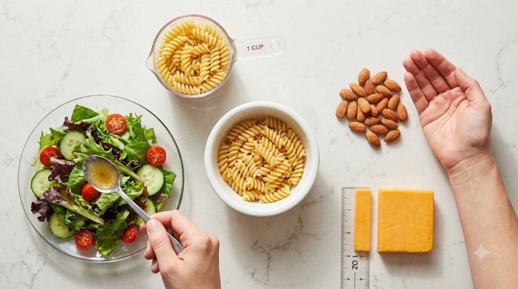 A variety of common foods such as a bowl of pasta a handful of nuts a block of cheese and a dressed salad each with a sm