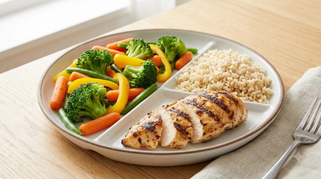 A dinner plate divided into sections with one half filled with colorful vegetables one quarter with lean grilled chicken