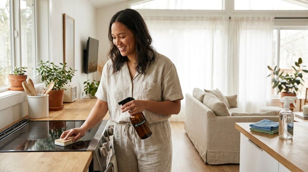 A happy person cleaning different surfaces in a bright clean home with natural cleaning products and tools like spray bo