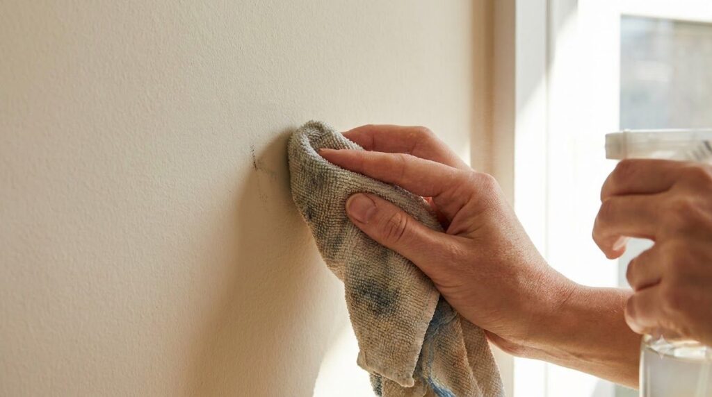 A close-up of a person gently cleaning a wall with a soft cloth and a spray bottle filled with a homemade cleaning solut