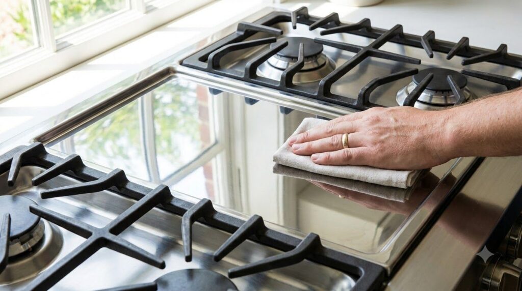 A clean sparkling kitchen stove after being cleaned with a person s hand showing the reflection in the polished surface 