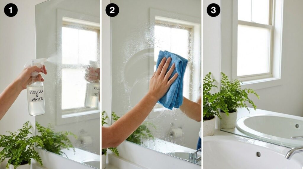A person is spraying a homemade window cleaner onto a bathroom mirror and then wiping it with a clean microfiber cloth r