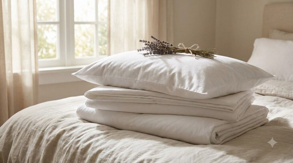 A stack of freshly laundered white pillowcases smelling clean and appearing soft perhaps with a sprig of lavender for a 