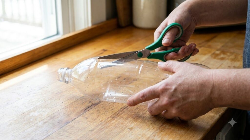 A person s hands cutting a plastic bottle with scissors preparing it for the fly trap The bottle is a clear PET type and